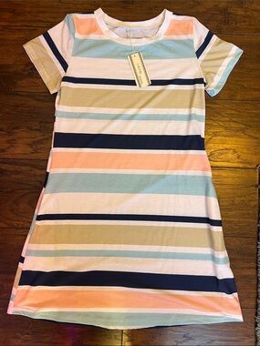 Striped Pastel T-Shirt Dress with Navy Accents